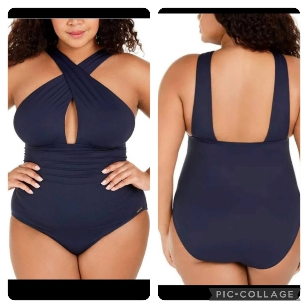 Michael Kors Navy Keyhole Tummy-Control One-Piece Swimsuit Size 24W